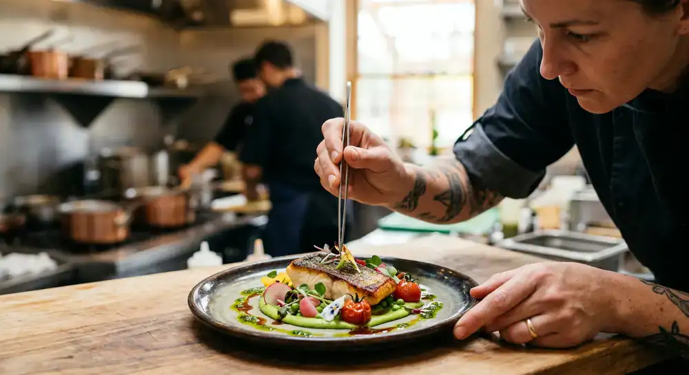 Chef hands carefully plating a vibrant fish dish