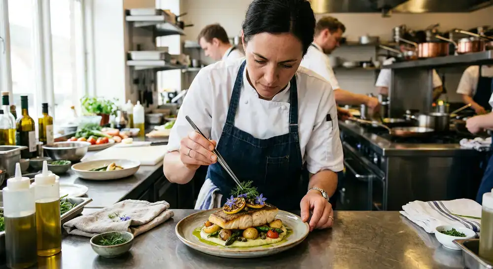 Chef finishing a beautifully plated fish dish with fresh garnish