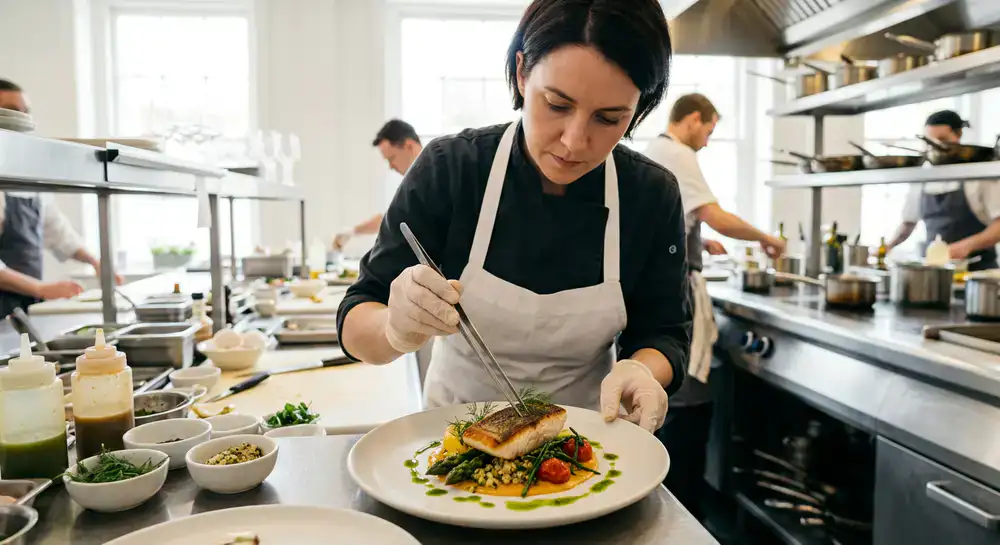 Chef carefully plating a seared fish dish in a bright kitchen