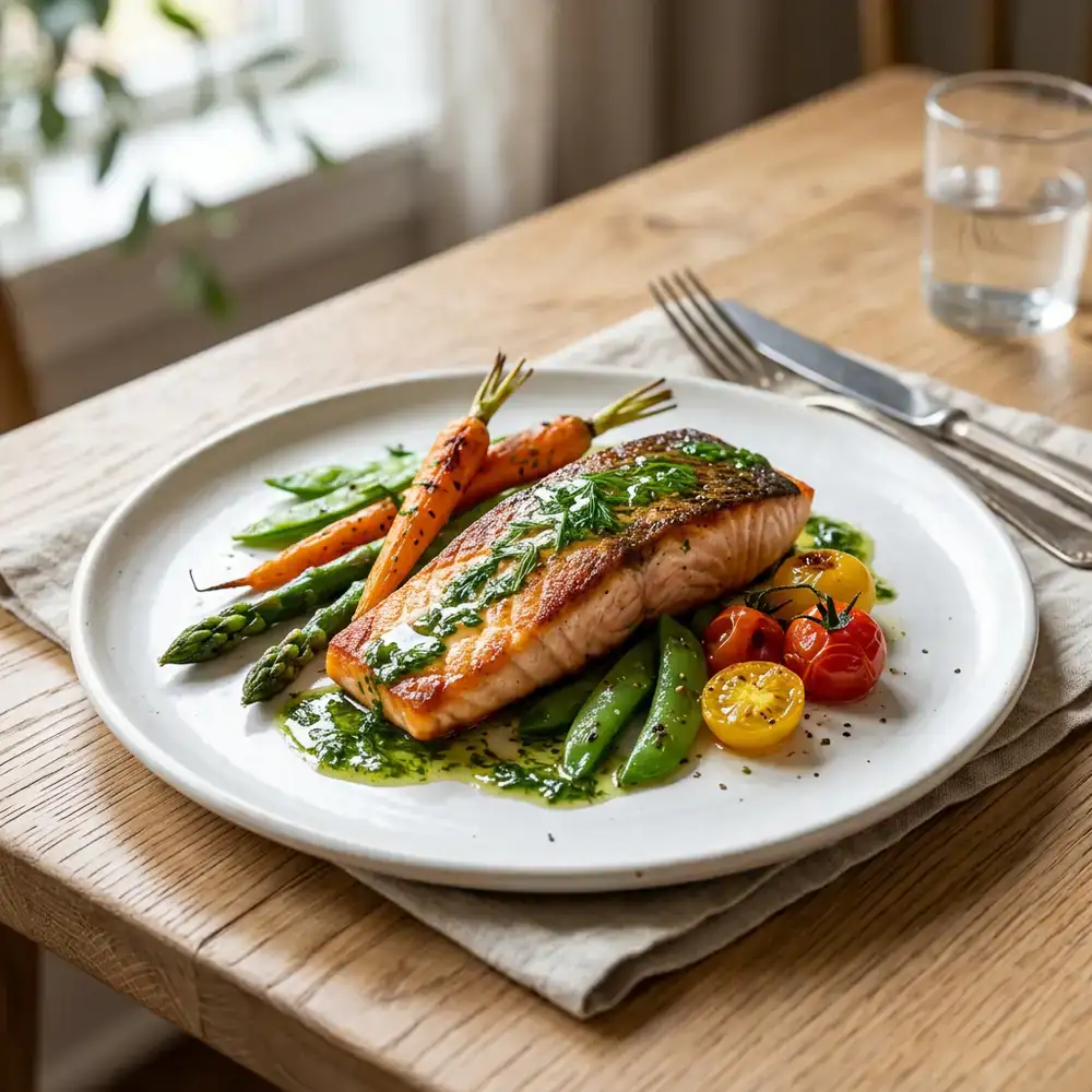 A beautifully plated pan-seared fillet with seasonal vegetables and herb reduction