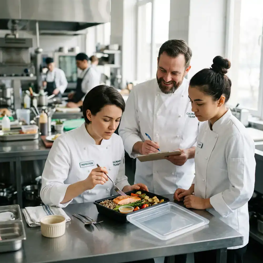 Culinary team inspecting a prepared meal box