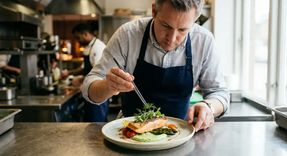 Chef carefully plating a premium fish fillet with fresh herbs