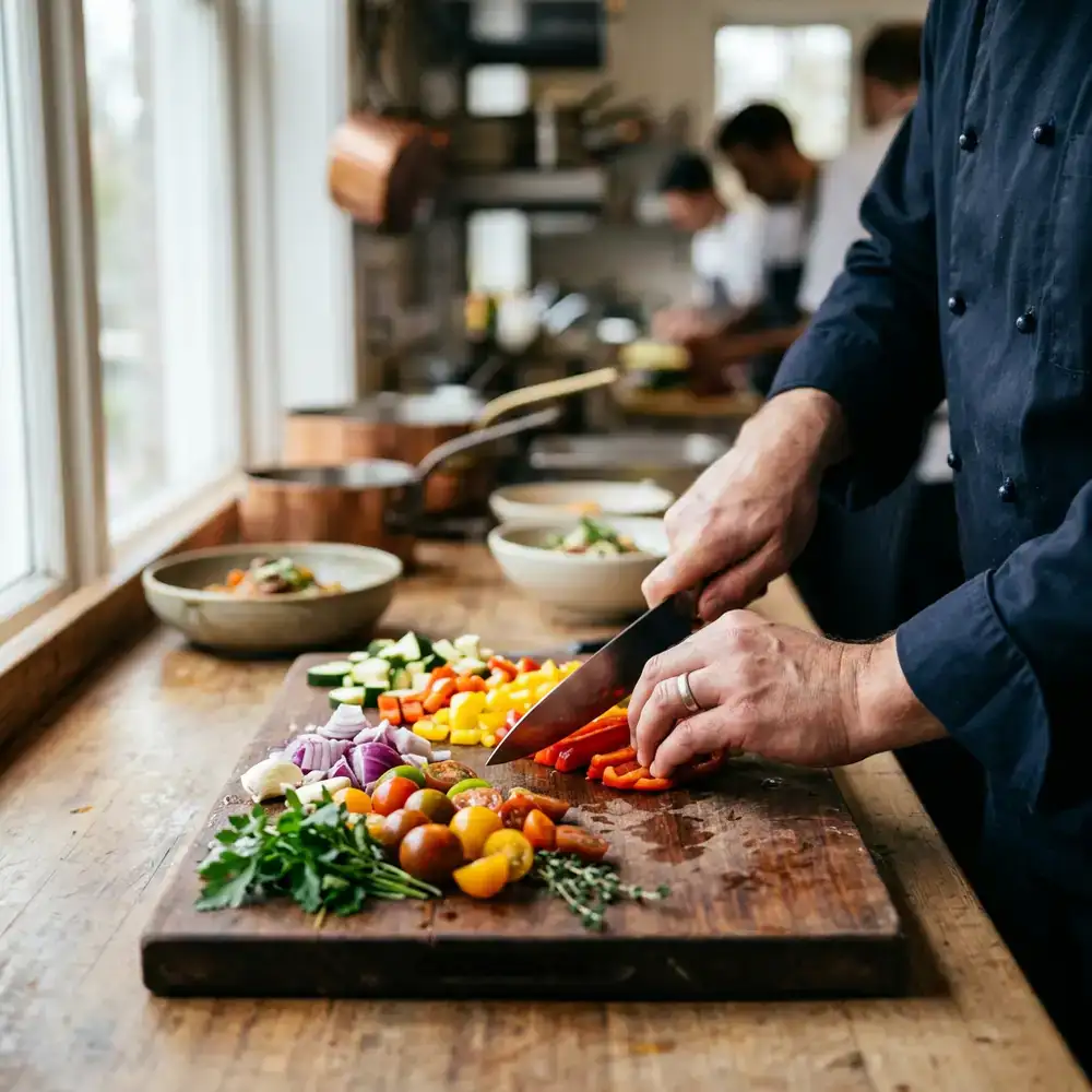 Chef's hands preparing fresh ingredients with precision