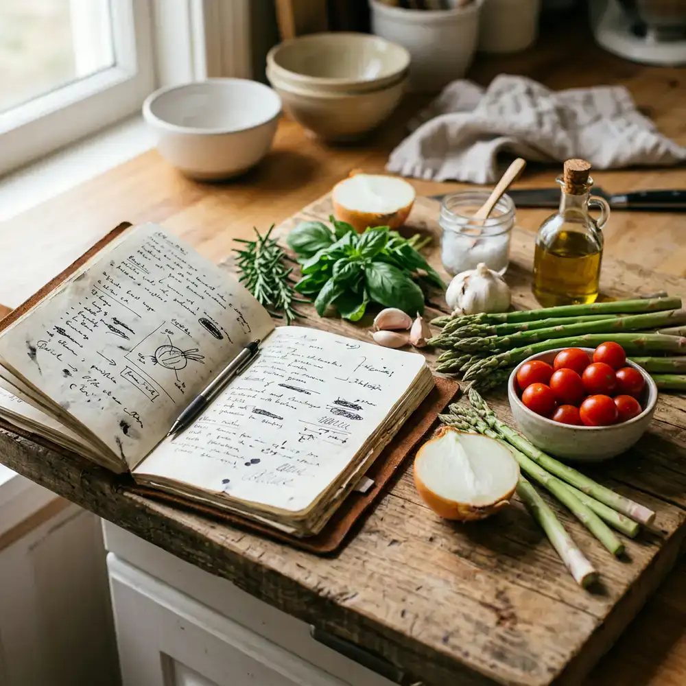 Chef's recipe notes next to fresh ingredients