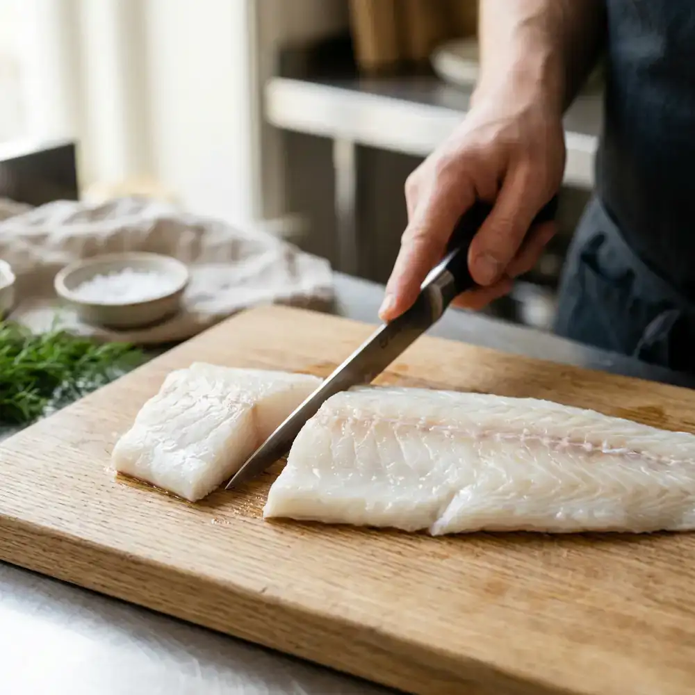 Close up of a pristine white fish fillet being portioned