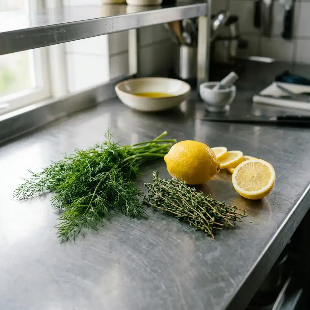 Fresh dill, thyme, and lemon resting on a stainless steel prep table