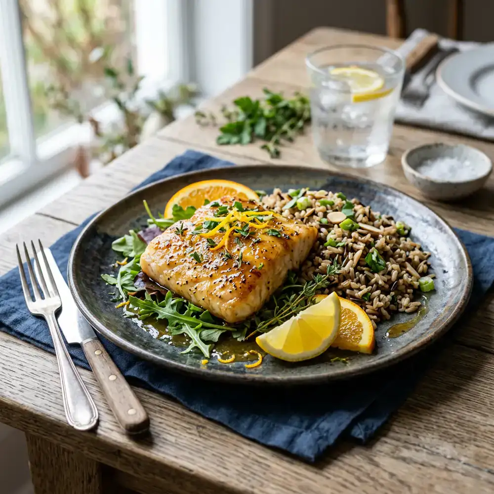 Citrus-glazed cod with wild rice