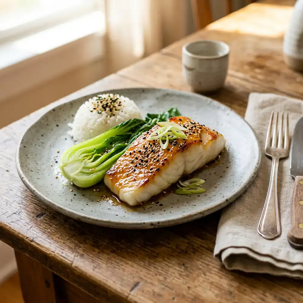 Miso glazed whitefish served with steamed bok choy
