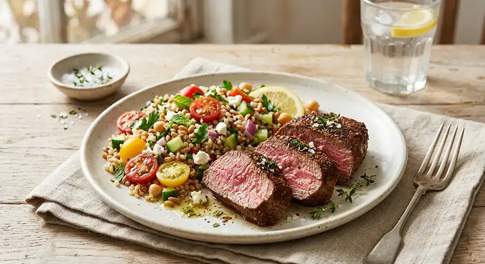 Spiced rubbed cut with grain salad
