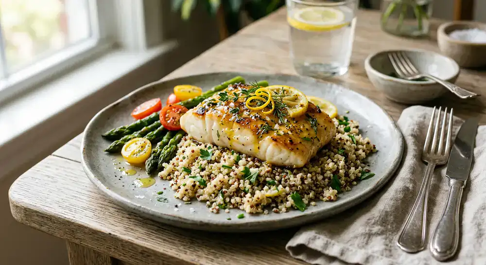 Citrus-glazed whitefish served with steamed quinoa