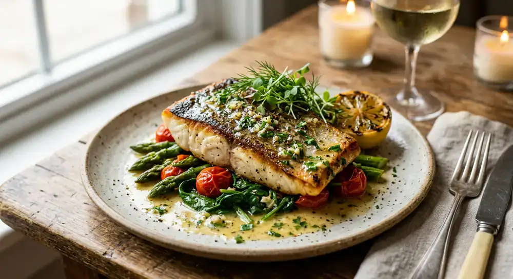 Pan-seared halibut with garlic butter