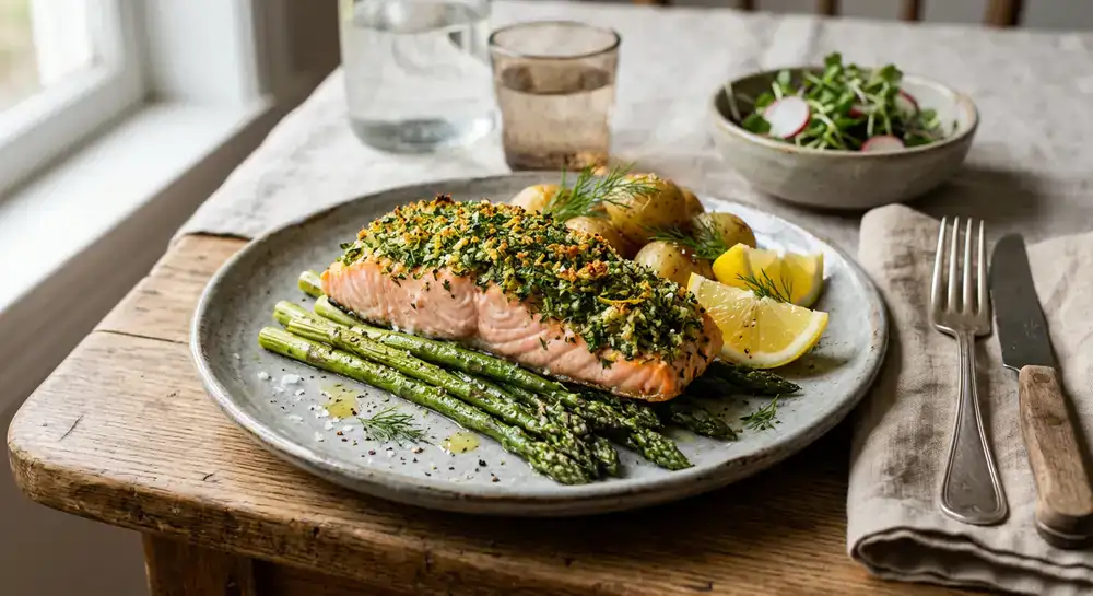 Herb-crusted salmon with asparagus