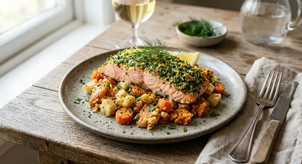 Herb-crusted salmon with crushed root vegetables