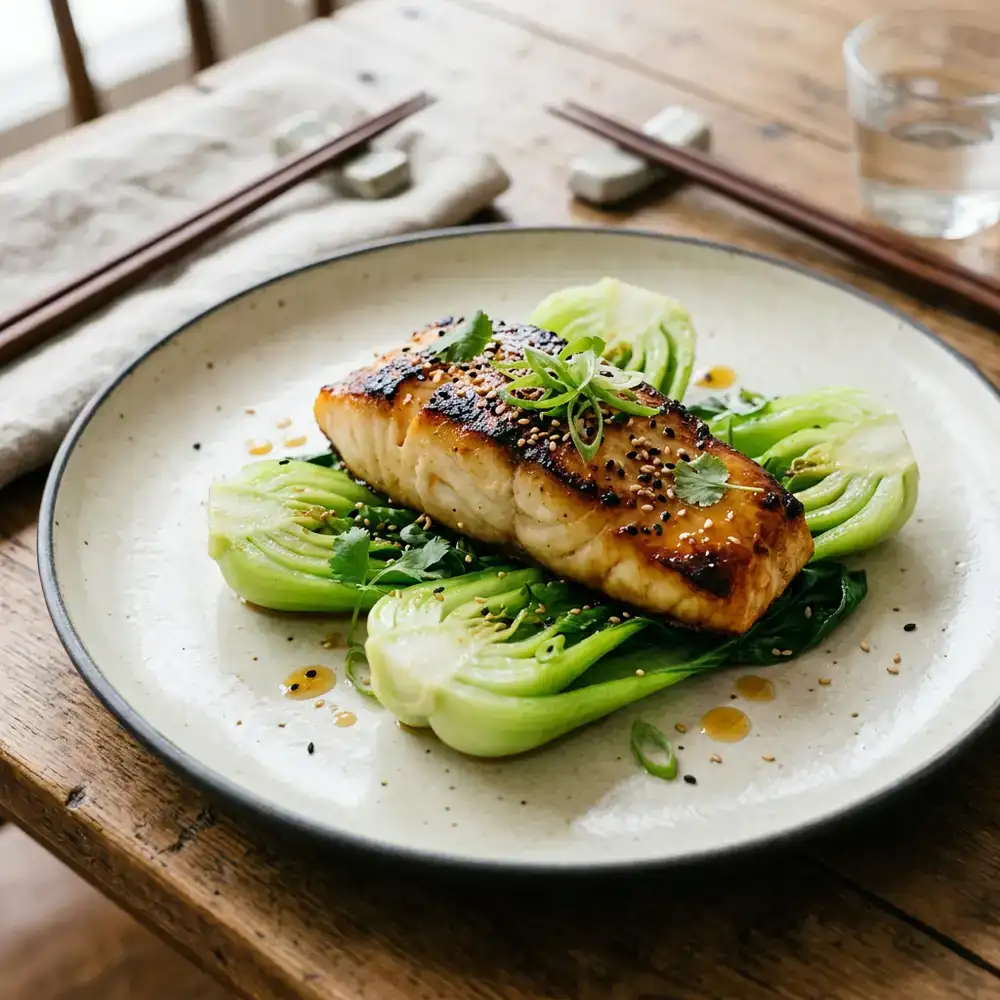 Miso-marinated sea bass with braised bok choy