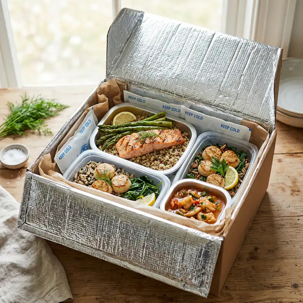 Insulated packaging box with carefully packed seafood meals