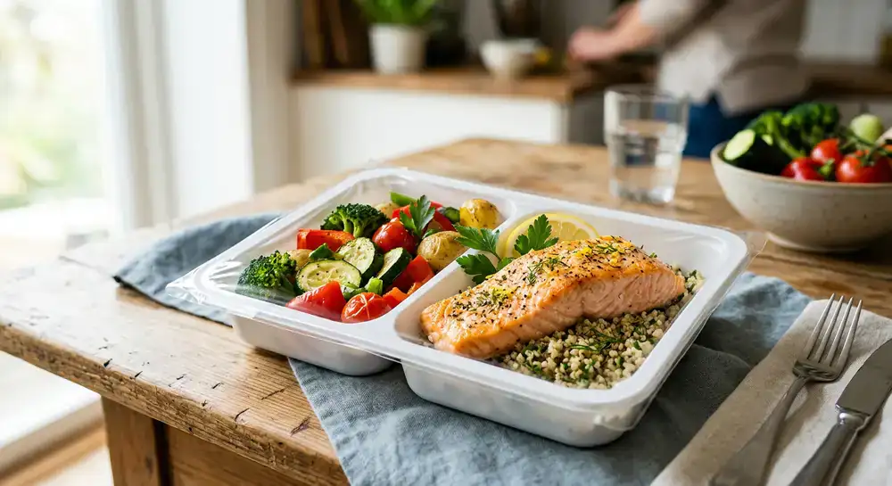 Sealed meal tray highlighting fresh fish and vegetables